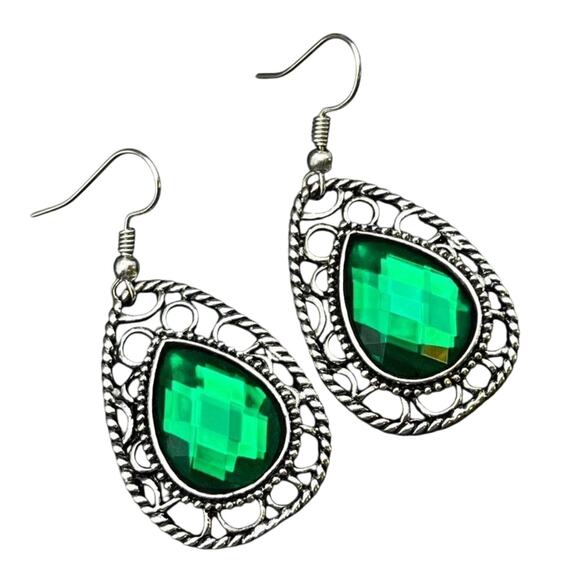 Silver with Emerald Green Crystal Teardrop Dangling Drop Hook Earrings - Picture 1 of 9